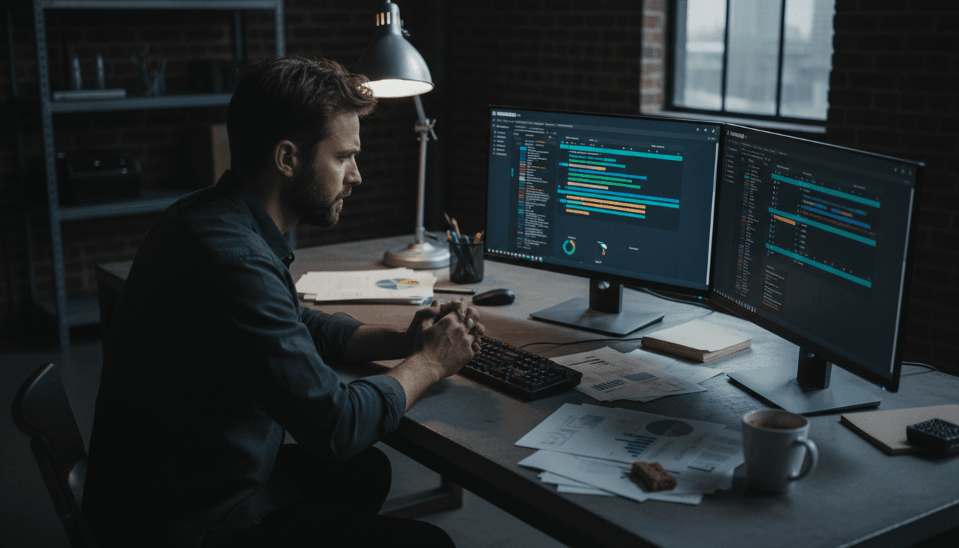 Business owner reviewing automation workflow on Monday.com project management dashboard